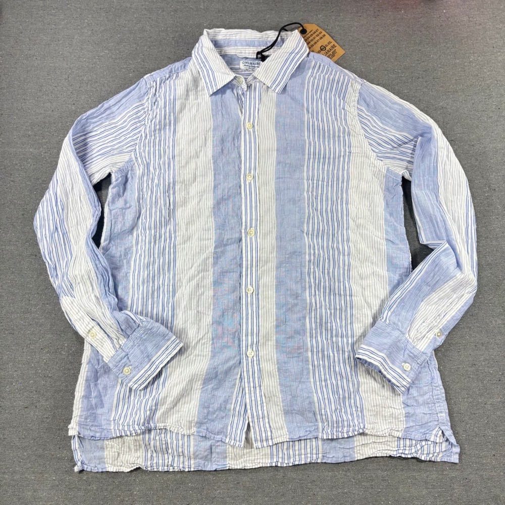 Civilianaire Button Down Shirt Mens Medium Blue White Striped Cotton
